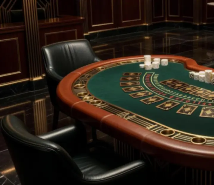 Elegancki stół do blackjacka w restauracji Wonderstar s. r. o., otoczony kryształowymi kieliszkami i nastrojowym światłem