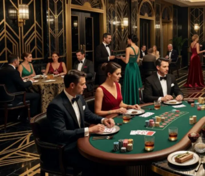 Elegancki wieczór kasynowy w restauracji Wonderstar s. r. o. z gośćmi przy stołach pokerowych