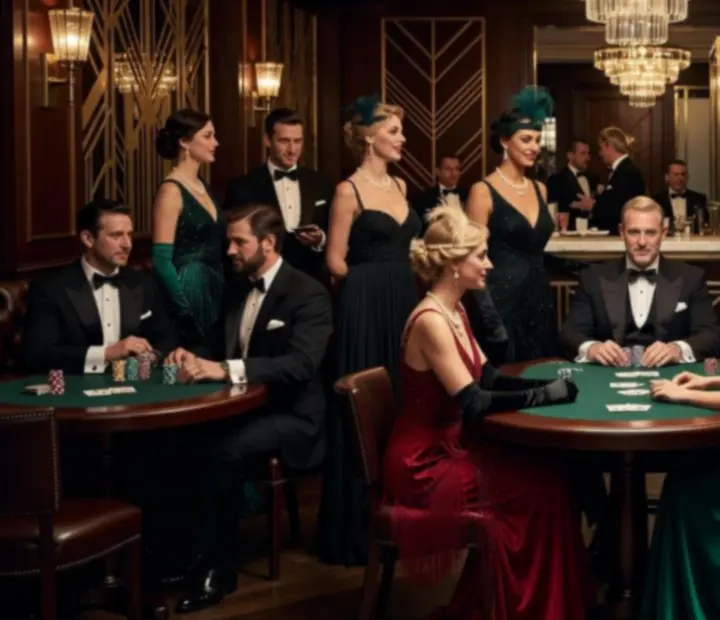 Elegancko ubrani goście w stylu lat 30. podczas wieczoru pokerowego w Wonderstar s. r. o.